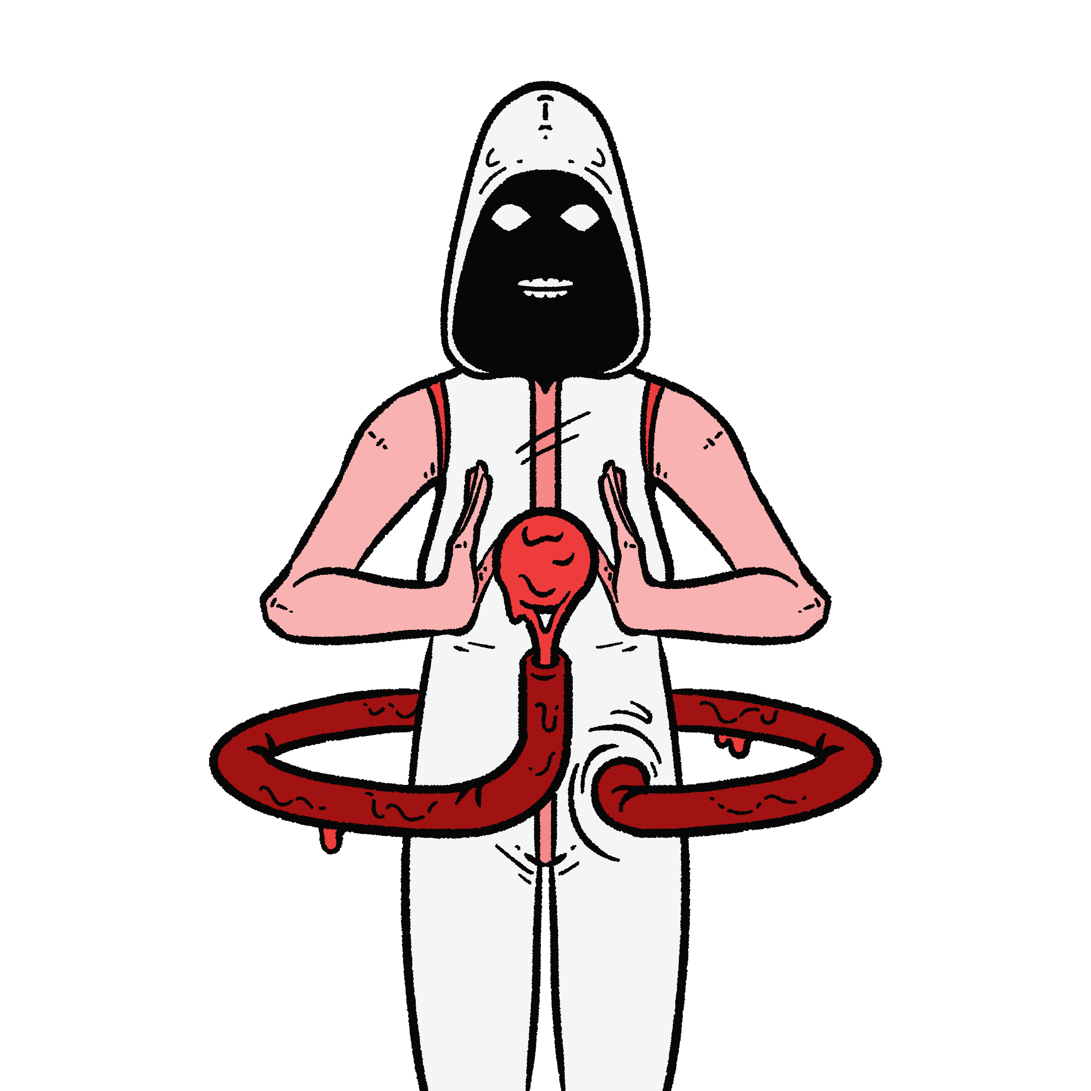 An illustration of a figure in a white hooded jumpsuit, their grinning face obscured by shadow. Their hands are held in front of their chest, with a floating ball of blood between them. This ball emerges from their distended, floating intestine.